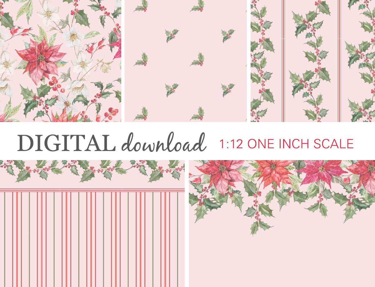Preview image of 1:12 scale printable dollhouse wallpaper in pink color for Christmas, designed for miniatures and shown as digital sheets ready for instant download and printing.